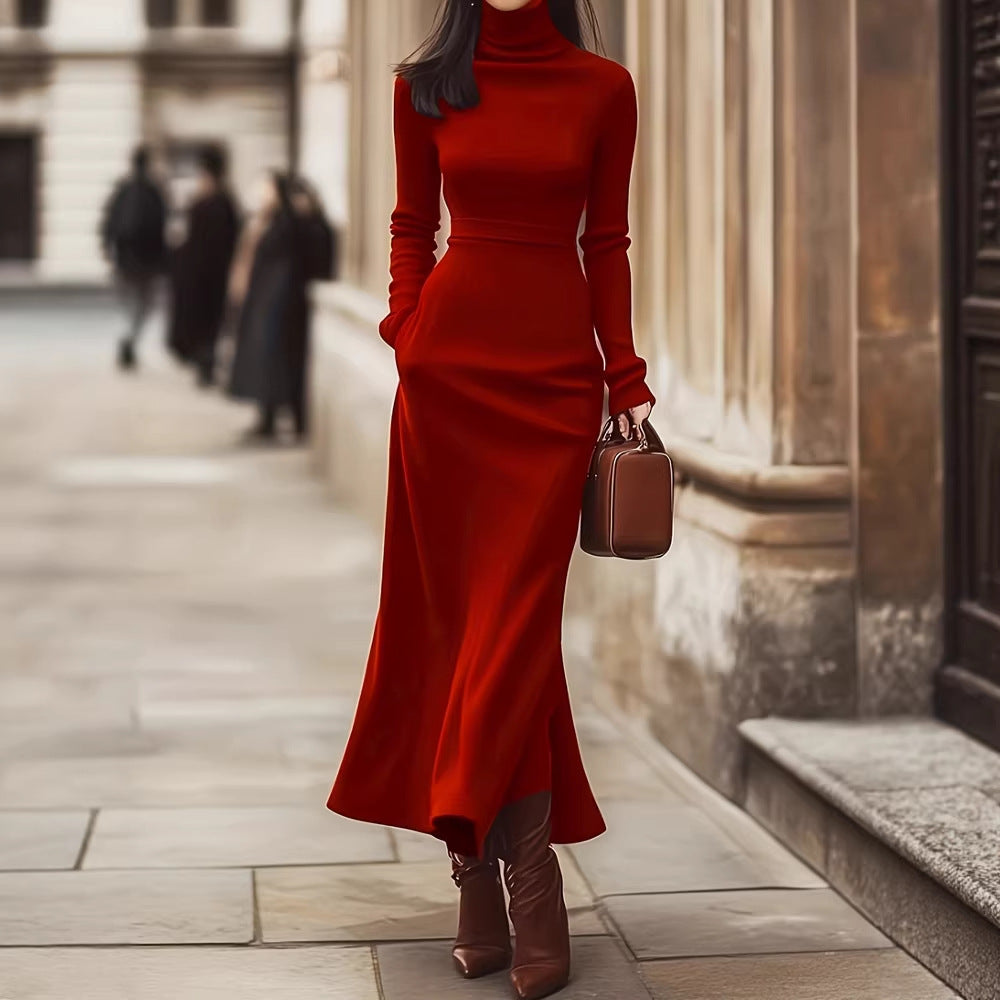 Womens Elegant High-Neck Slim-Fit Long-Sleeve Knitted Dress
