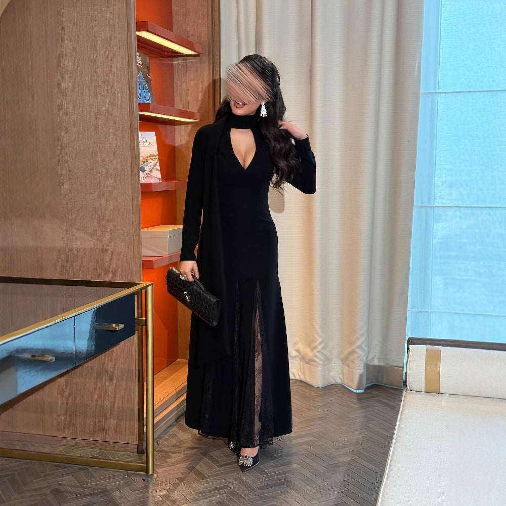 Round-neck Spliced Lace Long-sleeve Slim-fit Elegant Vintage Dress