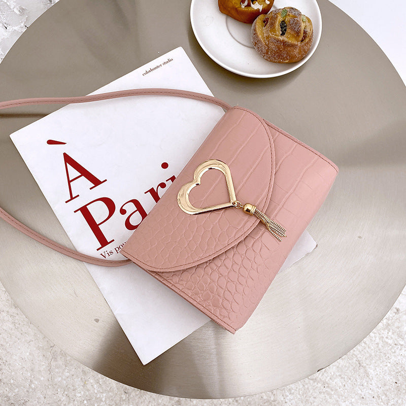Heart-shaped Fringed Pattern Small Square Bag, One-shoulder Diagonal Candy Color Female Bag