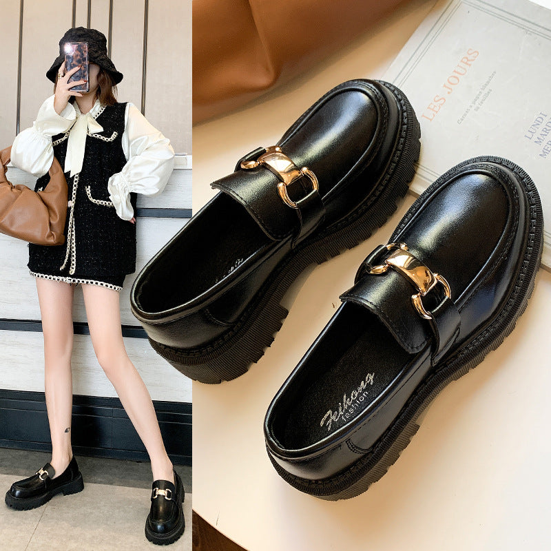 Chunky Heel Platform Small Leather Slip-on Loafers