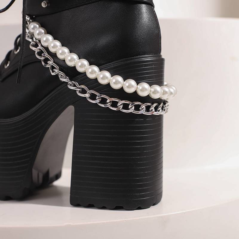 Belt Buckle Beaded Chain Women's Leather Boots