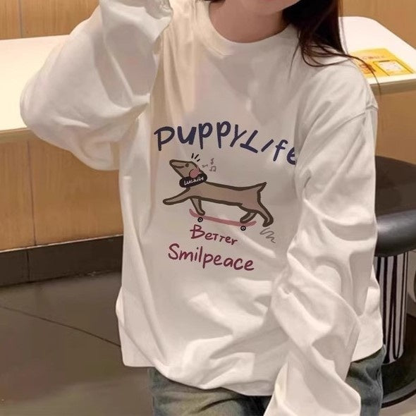 White Long Sleeve T-shirt Women's New Slim Fit Slimming Korean Style Wear Unique Beautiful Girl Age-reducing Cotton Drawstring Top