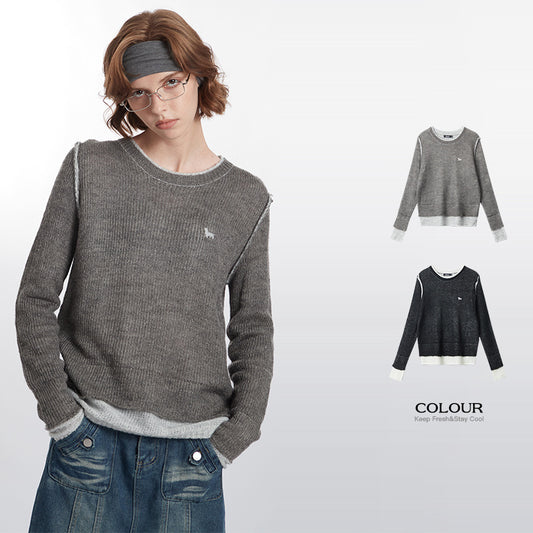Pullover New Round Neck Stitching Design Knitted Sweater Long Sleeve