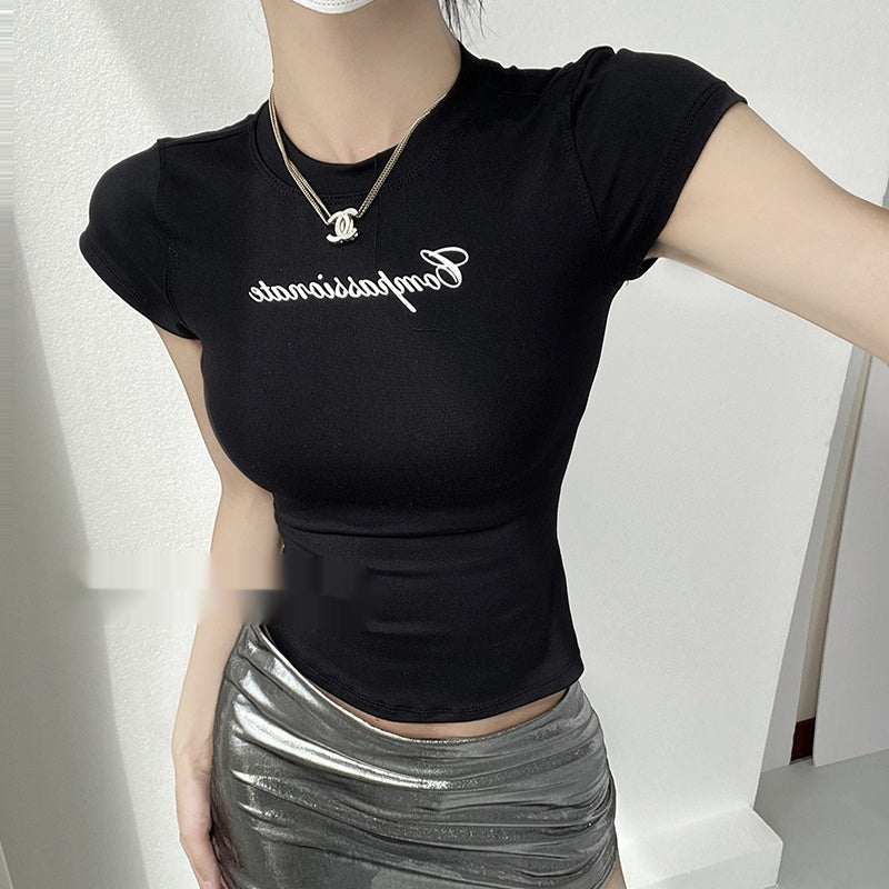 Street Flying Sleeve Round Neck Shoulder Short Sleeve Contrast Color Letter Stretch Top For Women
