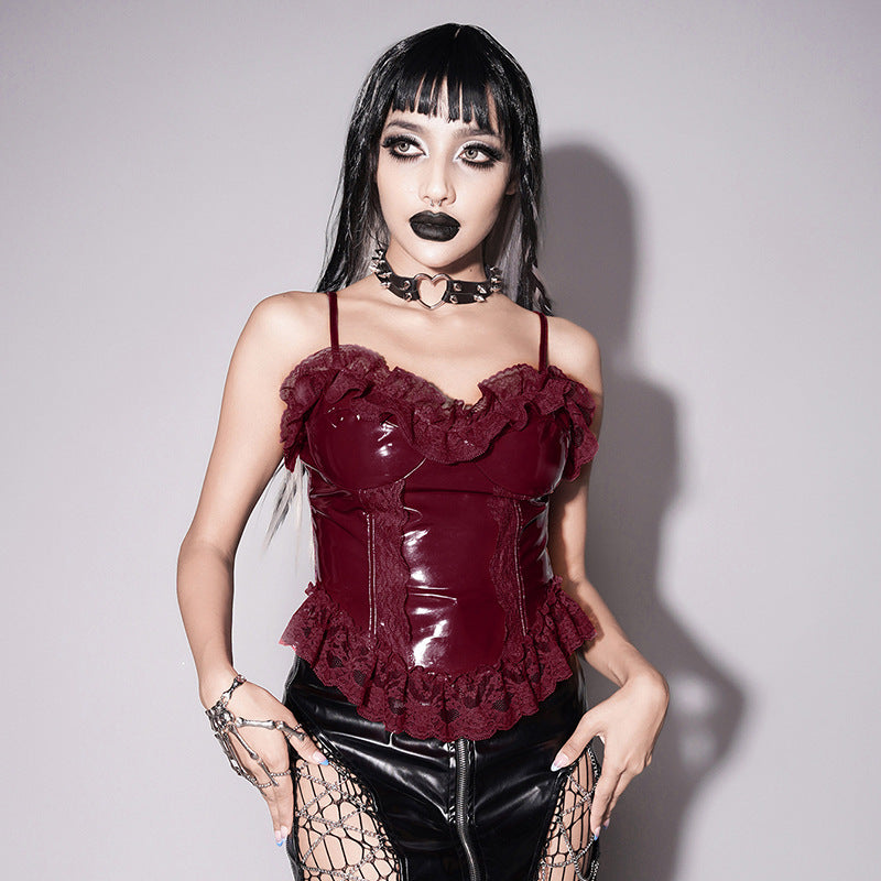 Slim Fit Dark Leather Lace Slip Top