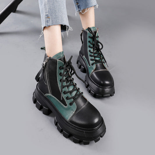Thick-soled Leather Colorblock Vintage Martin Boots