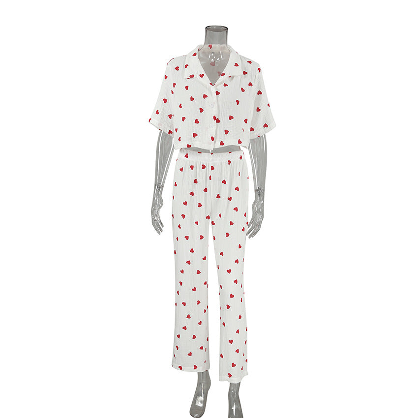 Heart-printed Crepe Cotton Pajama Pants And Short-sleeve Top Set