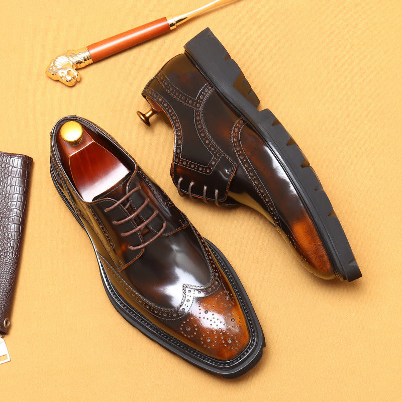Cowhide Business Casual i Britisk Stil Udskårne Skinnende Lædersko