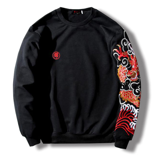 Broderet Top Mænds Casual Etnisk Stil Pullover Rund Hals Bomuld Plus Fløjl Sweatshirt