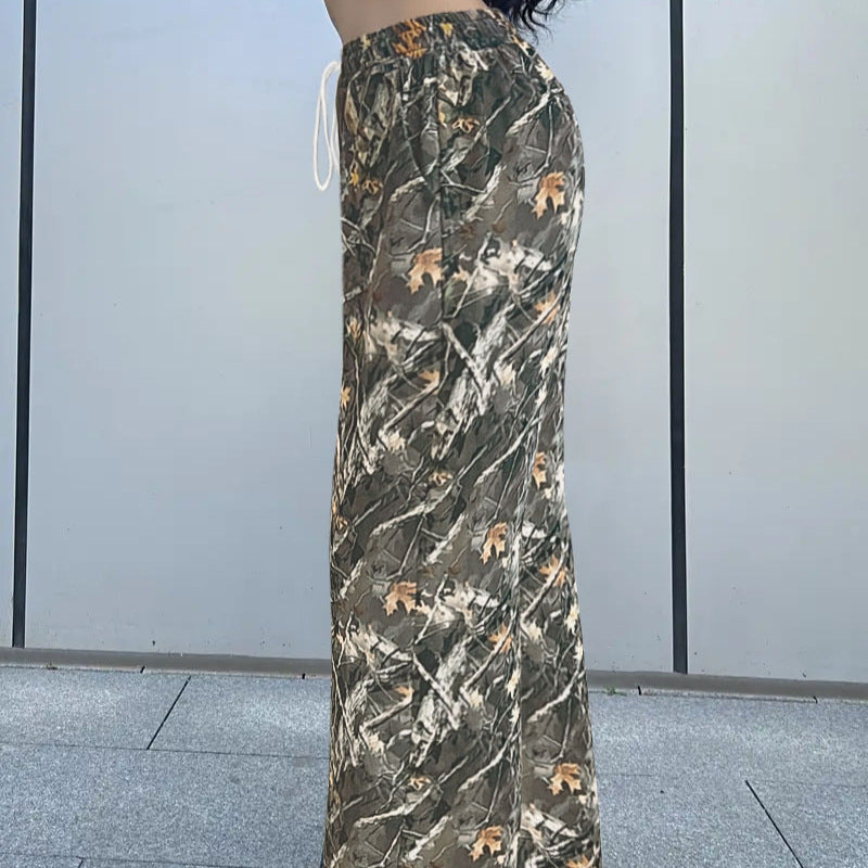 Women's Casual Waist-cinching Camouflage Print Straight-leg Pants