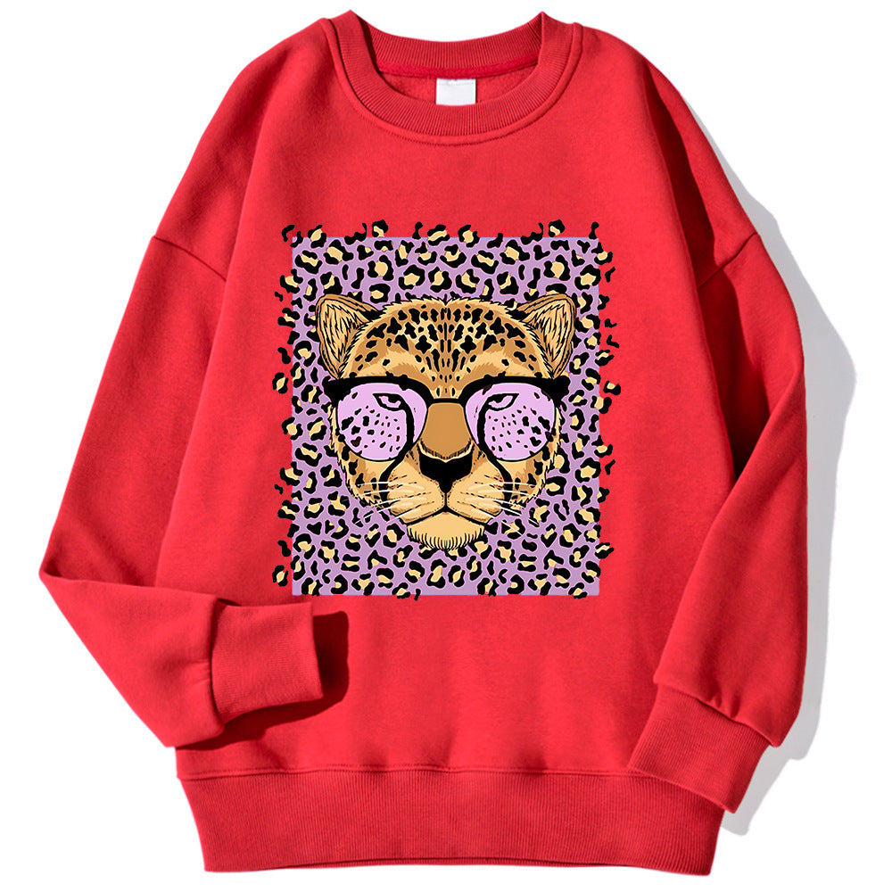 Afslappet løs sweatshirt med fleecefor til kvinder med leopardprint
