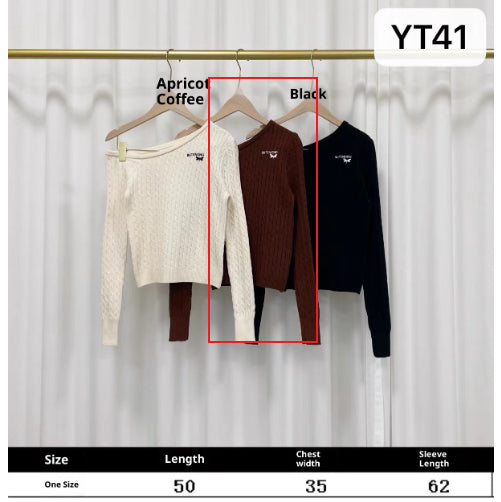 Ny koreansk stil sød-og-cool søster broderet off-shoulder langærmet striktrøje