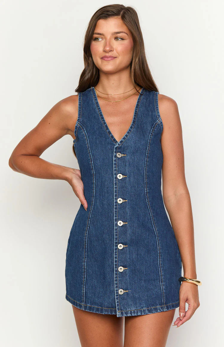 Button-front, Tie-waist Denim Vintage Dress