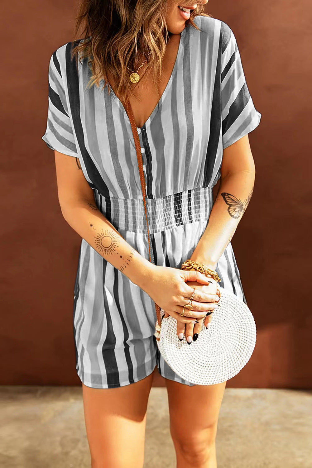 Ladies Elastic Waist Stripe Print V Neck Button Bodysuit