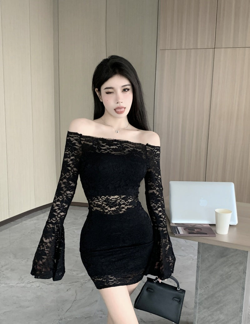 Womens Off-shoulder Cutout Form-fitting Long-sleeve Dress