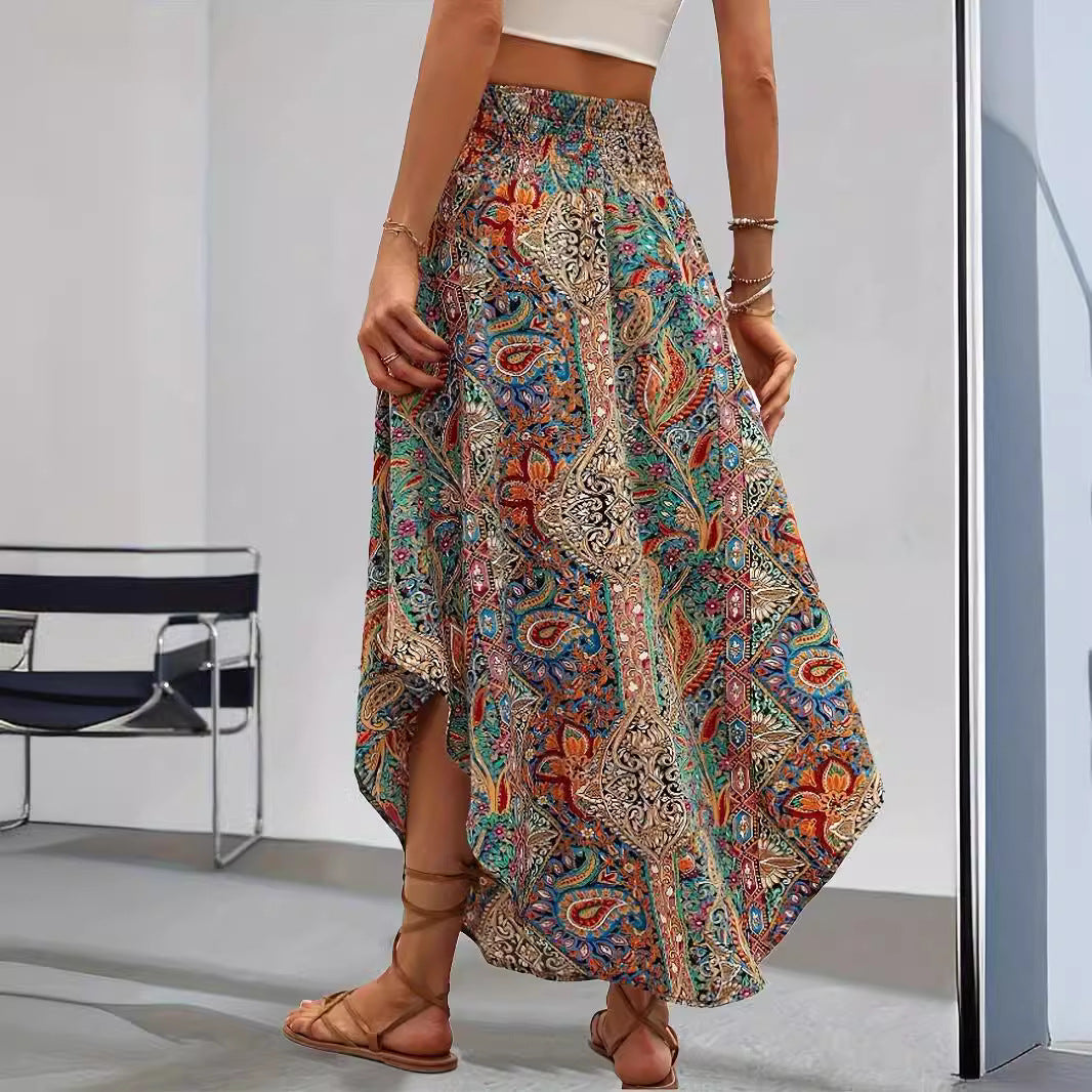 Drawstring High Waist Half-length Printing Long Skirt