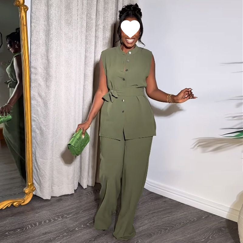 Featuring A Mandarin-collar Button-front Sleeveless Top And Wide-leg Pants
