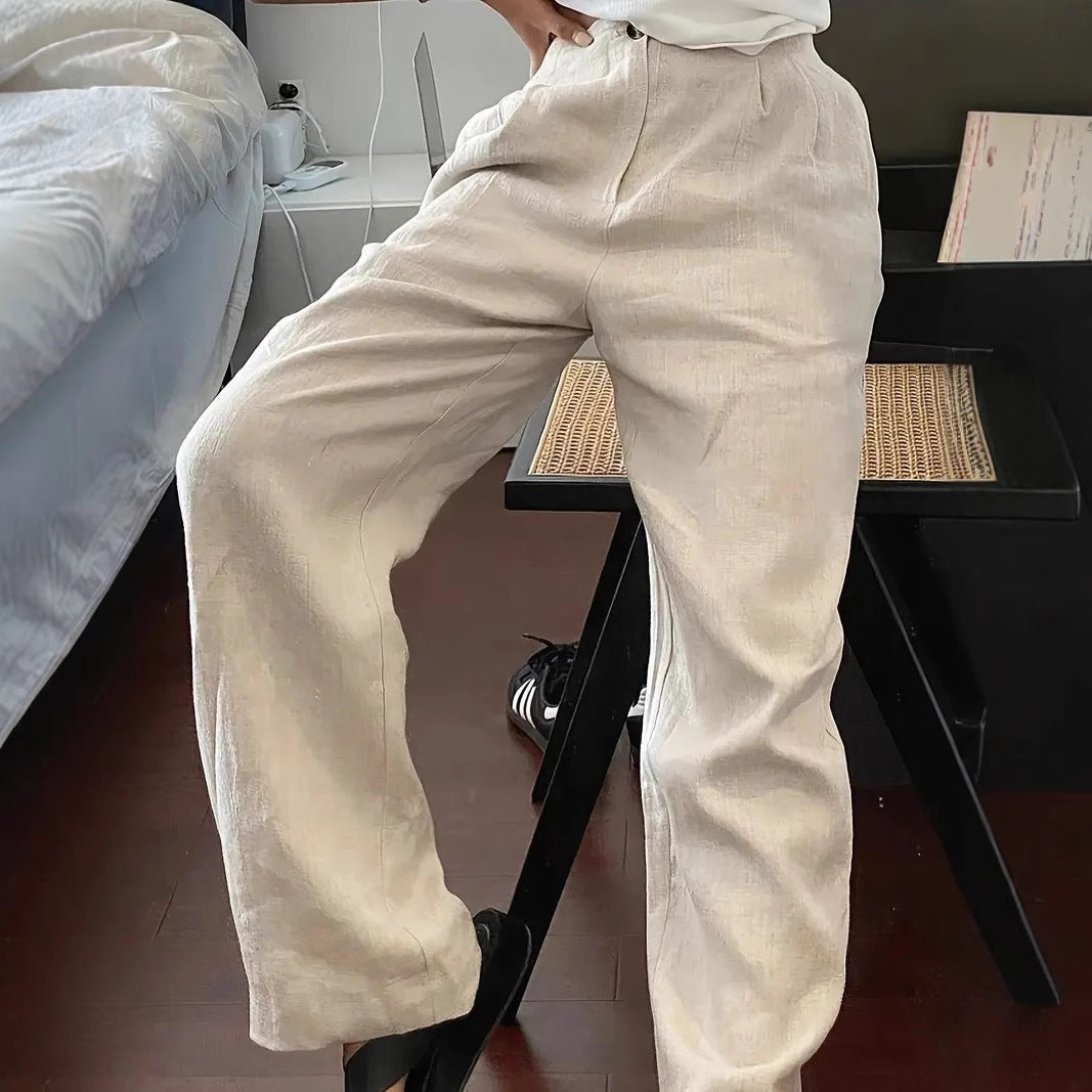 Womens Linen Wide-leg Pants With An Elastic Waist