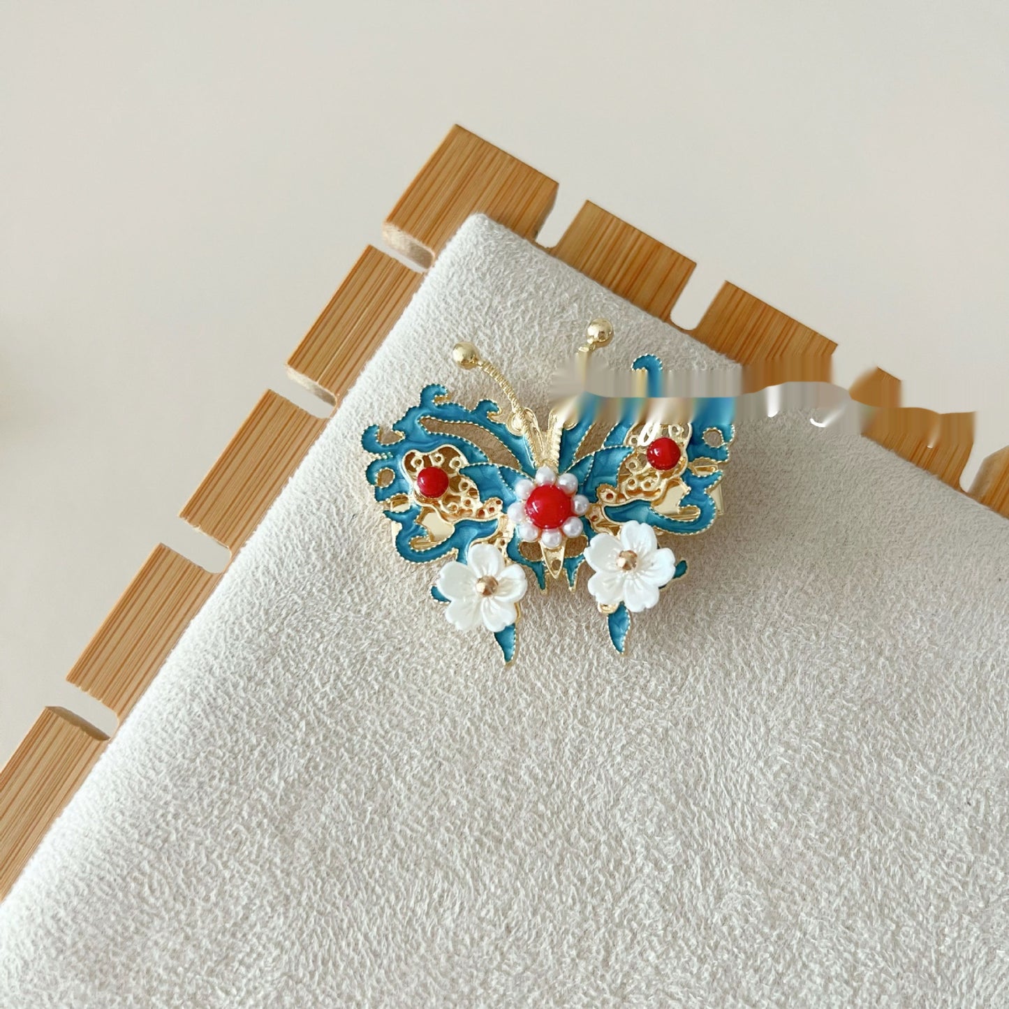 Antique Burning Blue Auspicious Cloud Pearl Butterfly Barrettes Fringed Headwear