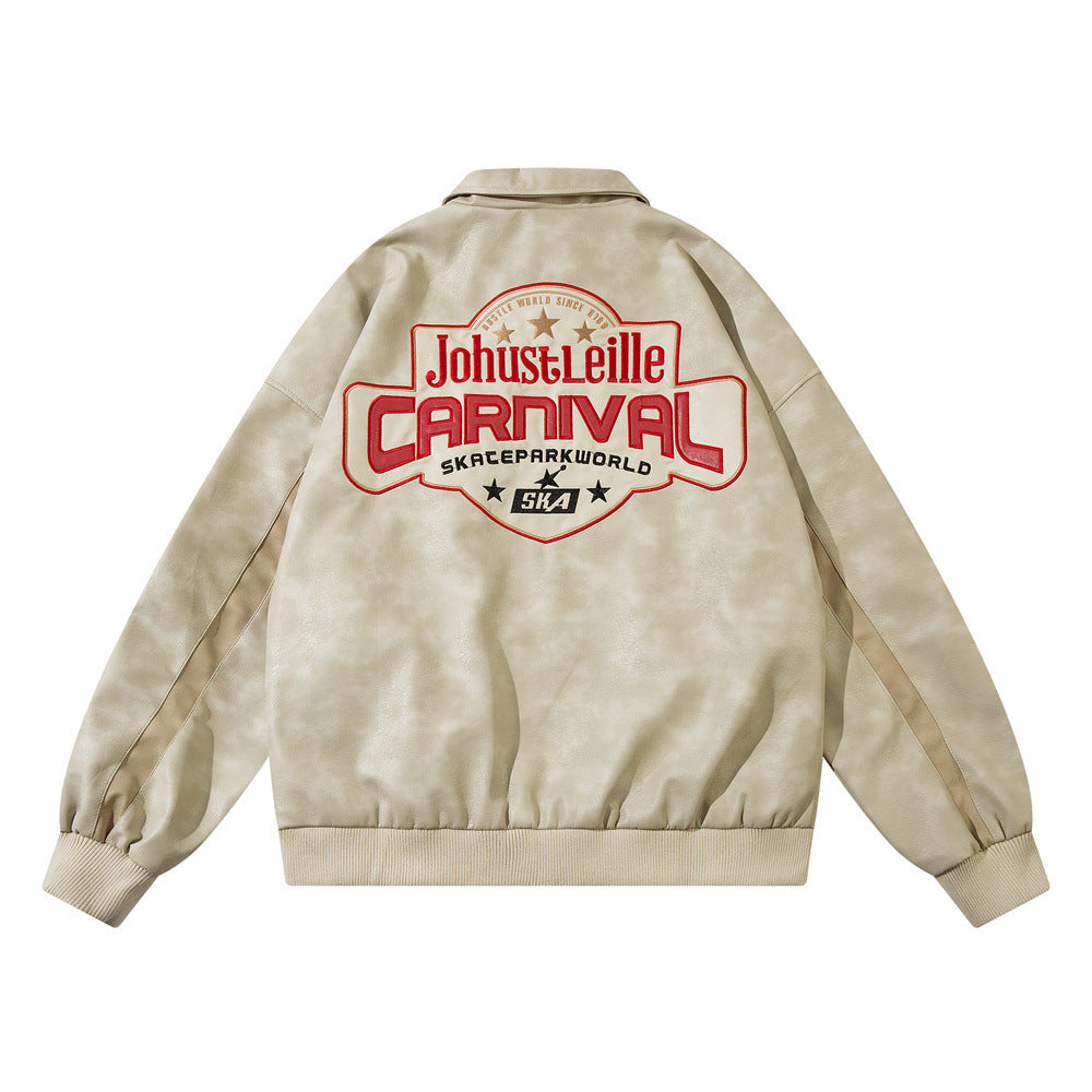European And American Letters Affixed Cloth Embroidered Loose Leather Coat Coat