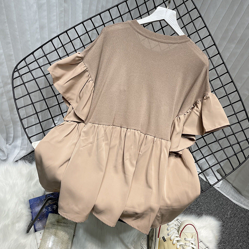 Extra Large Bell Sleeve Chiffon Stitching Ice Silk Knitted Top