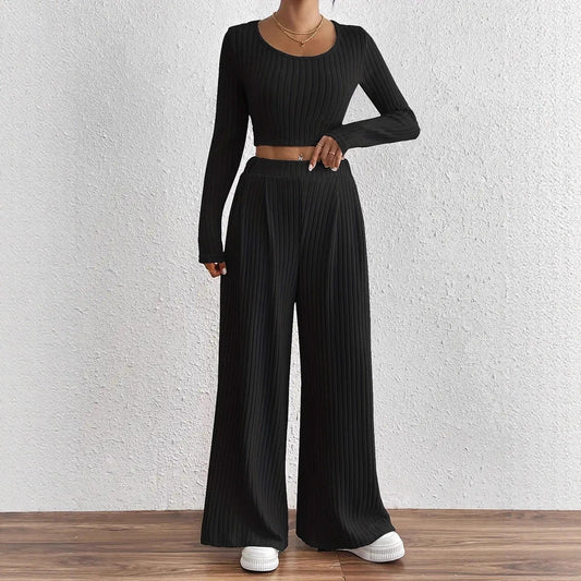 Solid Color Rib Knitted Trousers Mid-waisted Figure Flattering Women's Casual Suits