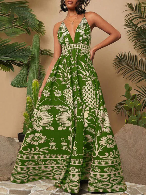 Bohemian Slip Dress With Deep V Neck And Positional Print