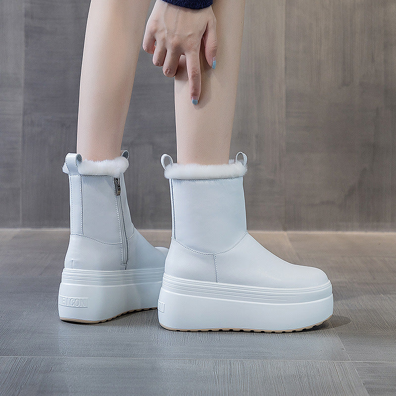 Short Boots Women's Plus Velvet Real Fur Warm Snow Cotton Thick Bottom Muffin Leather Medium Tube Simple