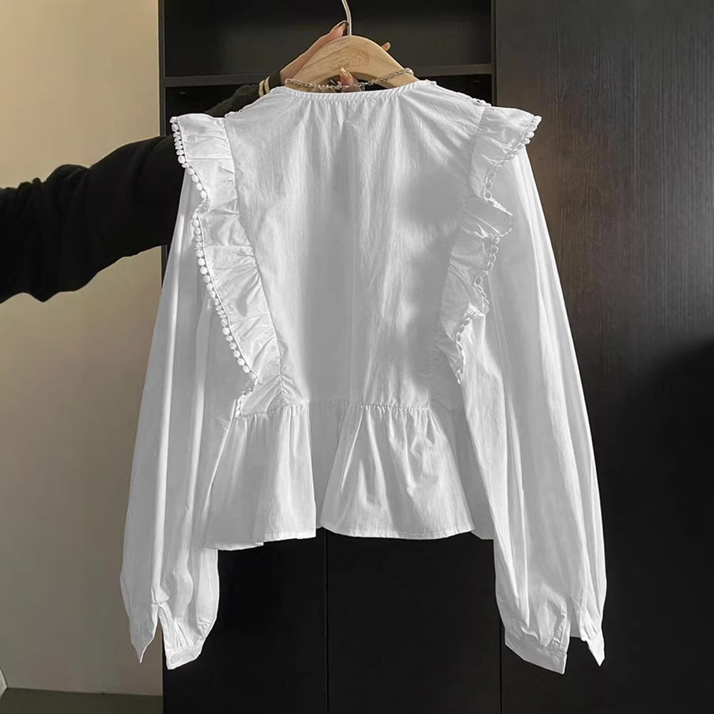 Womens Casual Solid-Color Lace-Patchwork Ruffle-Trim Long-Sleeve Top