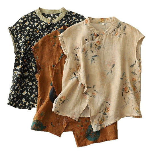 Women's New Chinese-style Sleeveless Shirt With Crossbody Buckle Printed Retro And Hipster Style Top