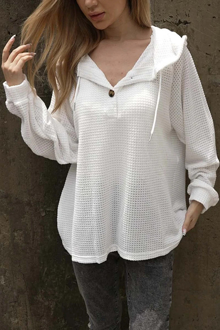 Ensfarvet hættetrøje med snøre V-udskæring Casual Løstsiddende langærmet sweatshirt