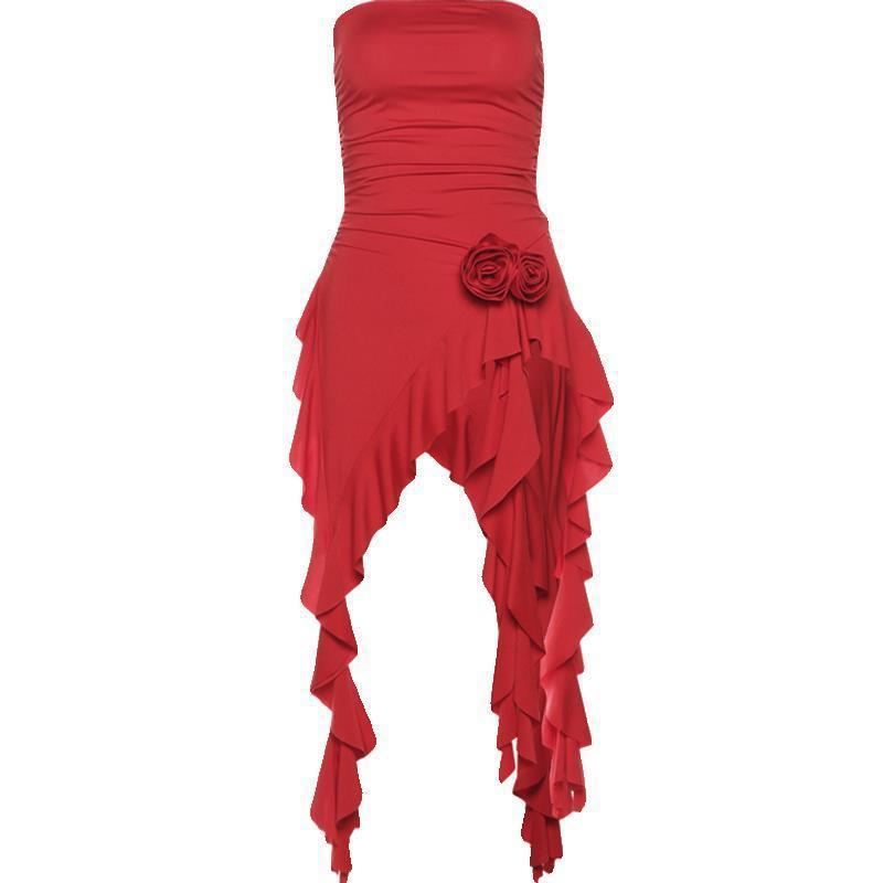 Floral And Lotus-leaf-trimmed Patchwork Tube Top For Women RuchedFigure-flattering Asymmetrically Designed Spicy-girl Top