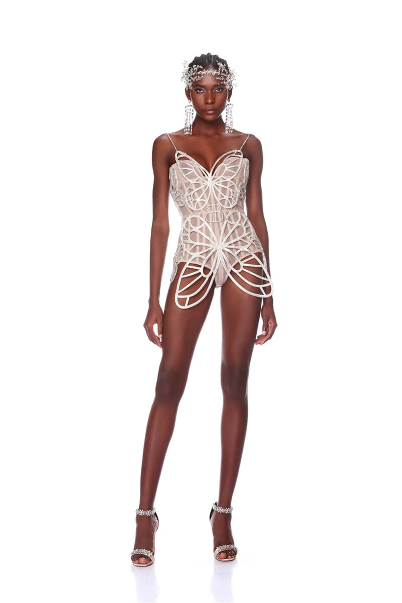 Female Party Stage Performance Costume Bow Rhinestone Sleeveless Jumpsuit