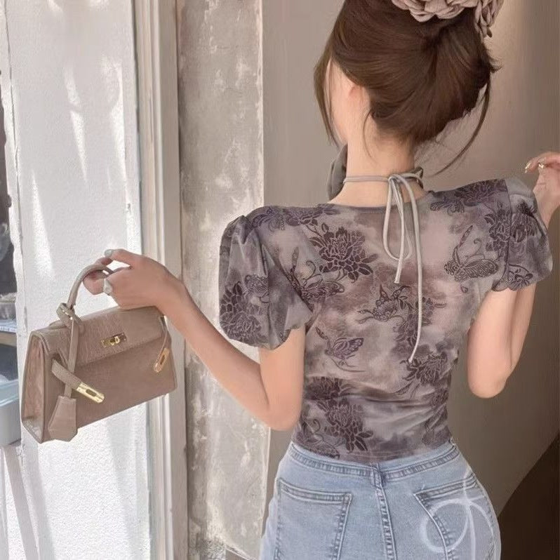Retro Mesh Printed Shirt Elegant Collar Waist-cinching Blouse