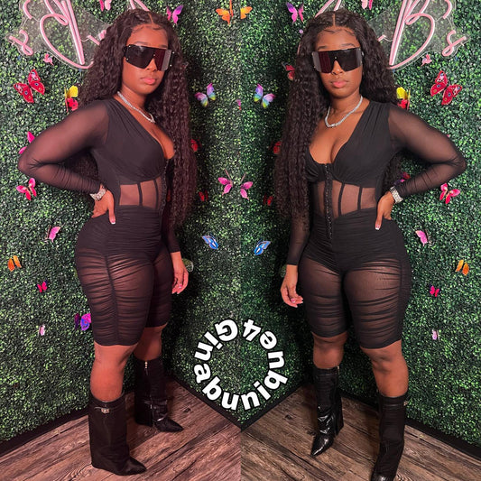 Mesh Panel Pleated Chest Wrap Casual Jumpsuit