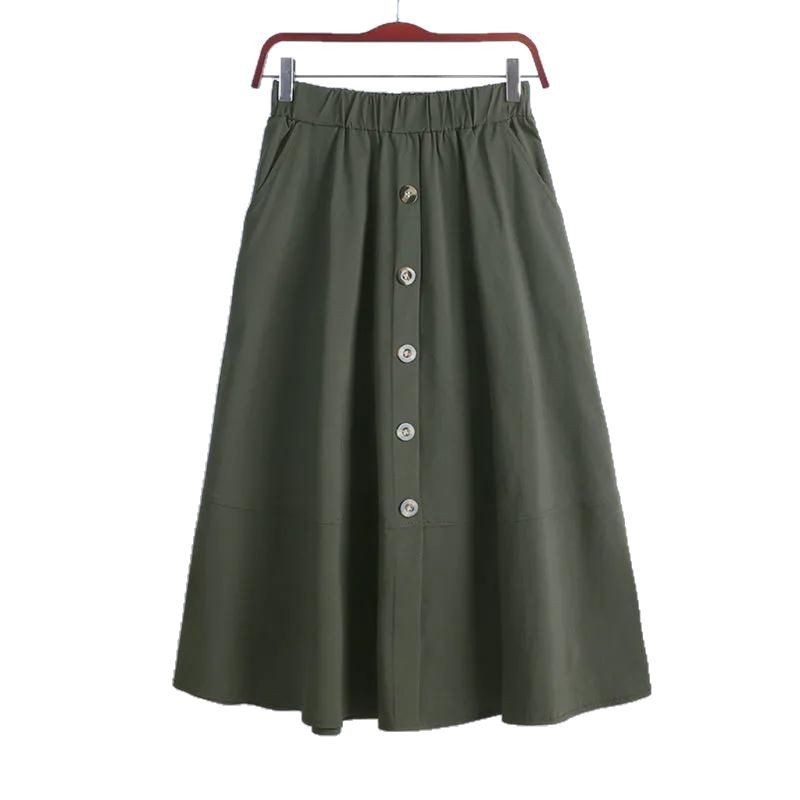 Japanese Style All-matching Button Elastic Waist Big Hem Skirt