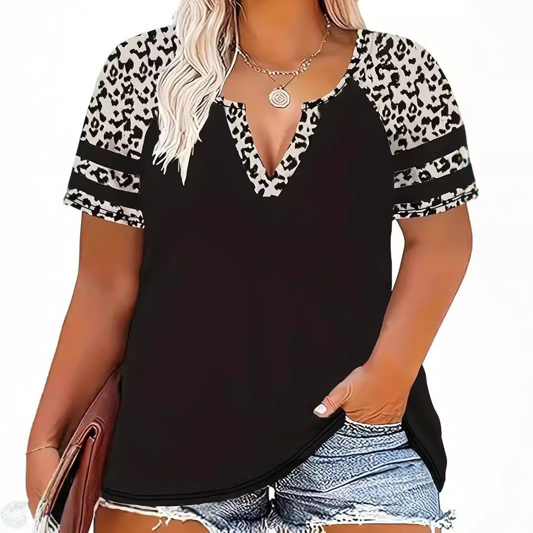 Leopard Print Printed V-neck Women's Versatile Casual Slim-fit Short Sleeve