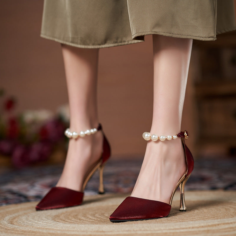 Women's Small-sized Pearl Sandals With Stiletto Heels