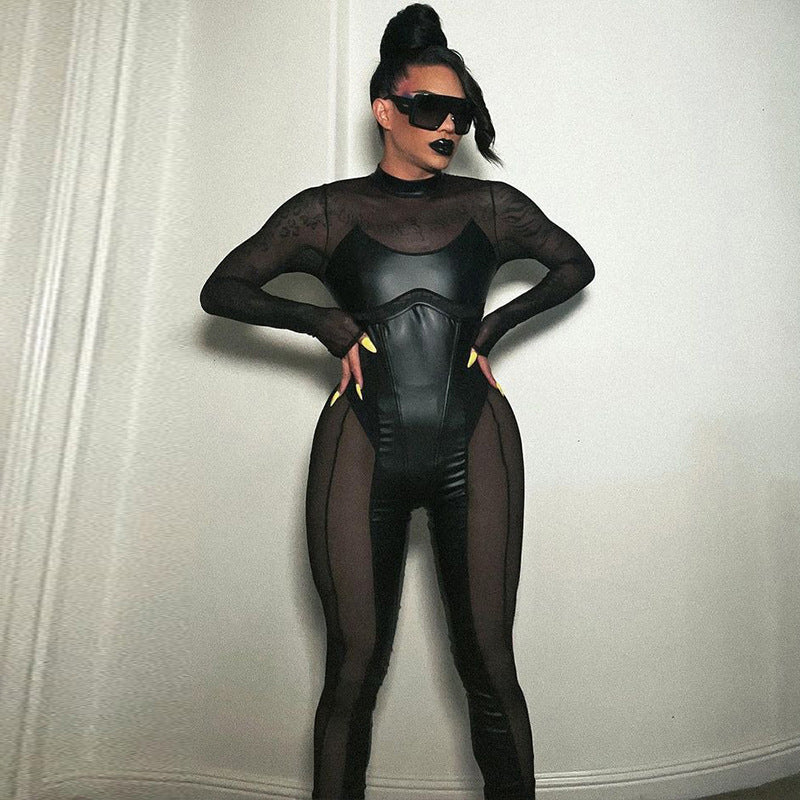 New Ins Stitching Mesh Round Neck Back Long-sleeve Zipper Jumpsuit
