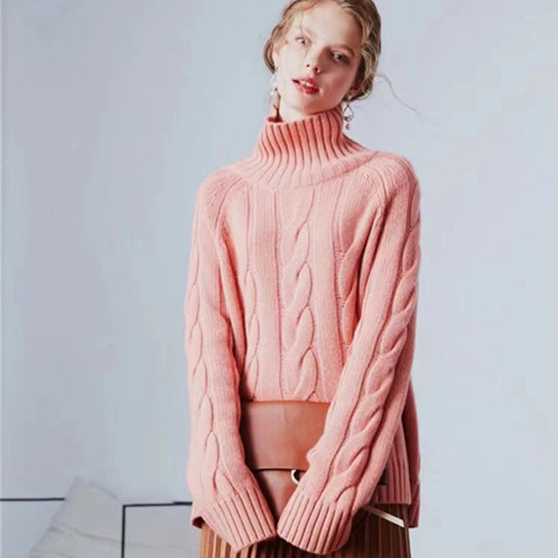 Women's High Neck Thickened Idle Style Pullover Cable-knit Sweater