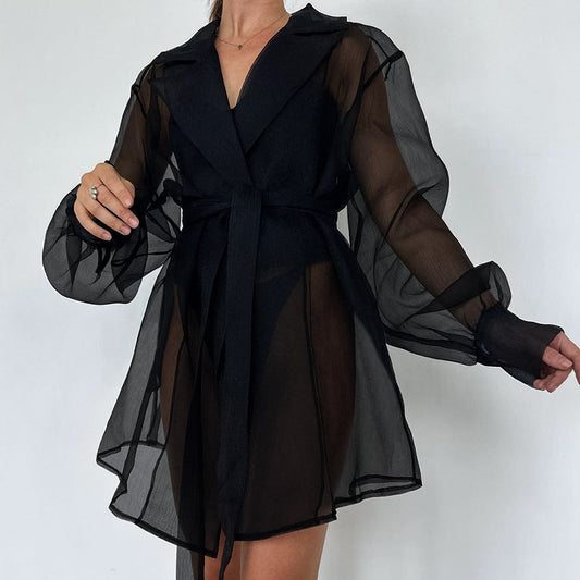 Black Mesh Cardigan-laced Nightgown Sexy And Sheer