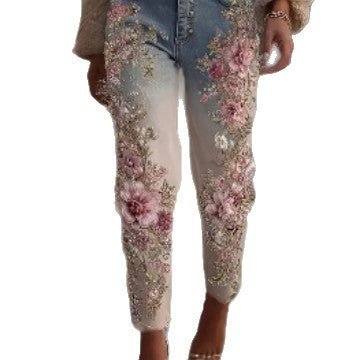 Womens Colorful Floral Loose-fit Jeans
