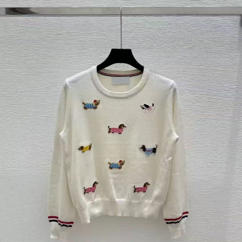 Autumn And Summer New Round-neck Pullover Dog Embroidery Knitted Sweater Long Sleeve