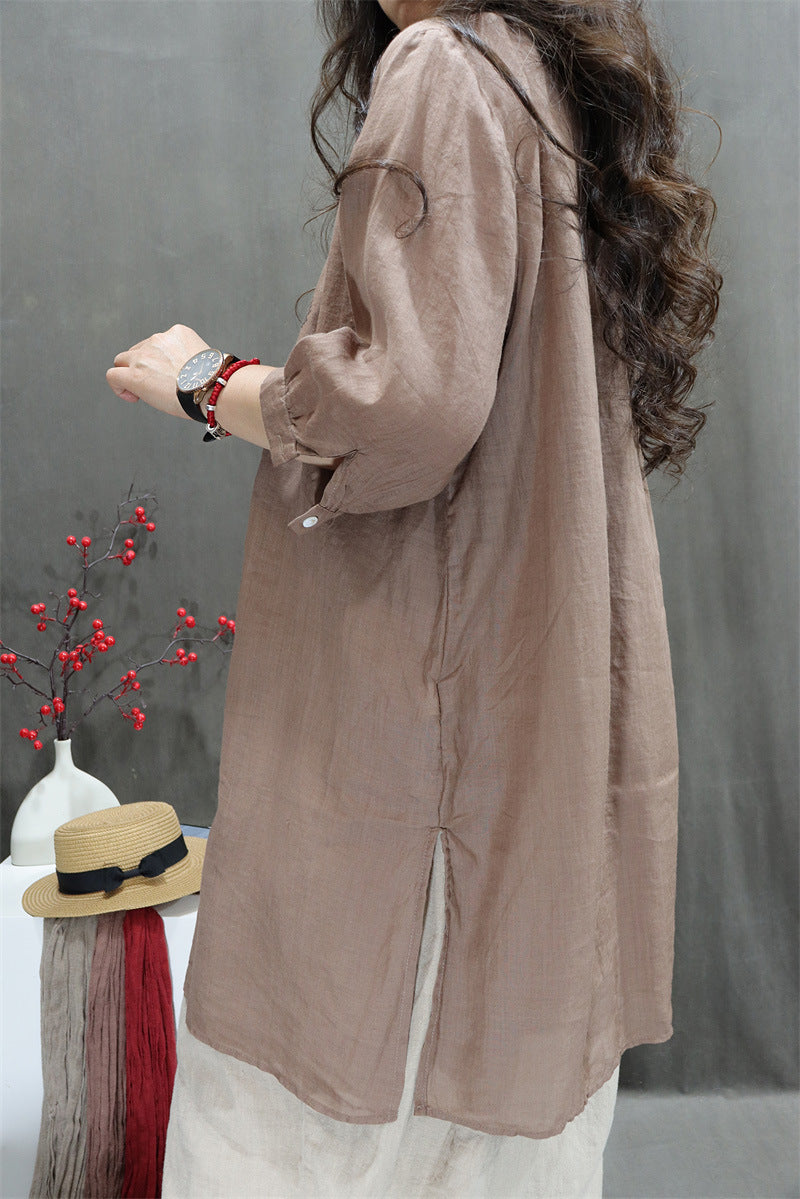 Retro Ramie Machine Embroidery Top Loose