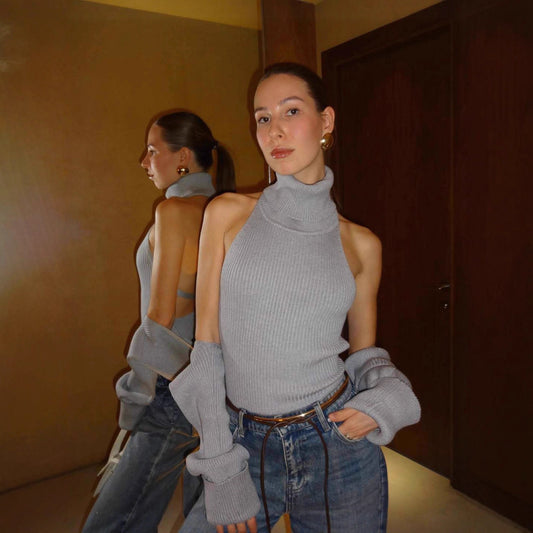Sexy Backless Buckled Knit Vest And Long-Sleeve Shawl Two-Piece Set