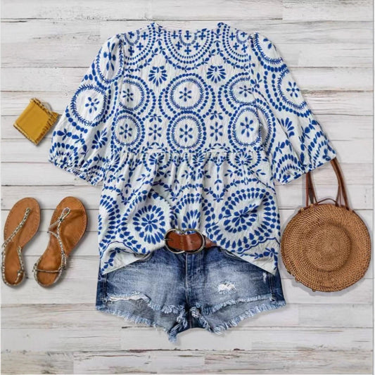 Women's Vintage-print Loose-fit V-neck Short-sleeve Blouse