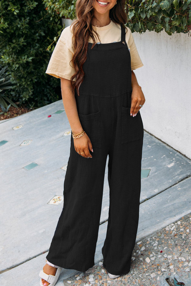 Summer Women's Casual Solid Color Pocket Square Collar Loose Overalls