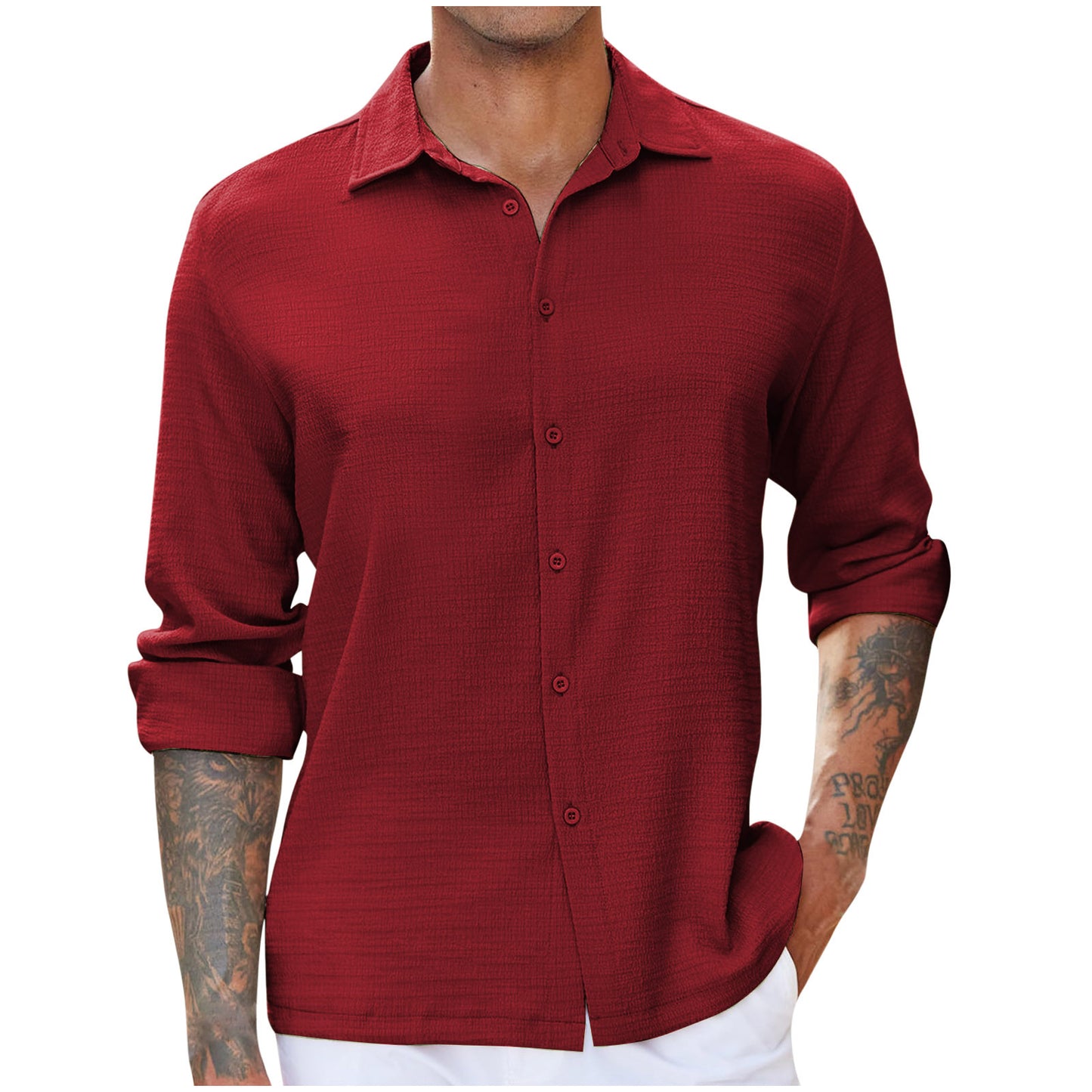 New Mens Casual Bubble-crease Shirt With A Turn-down Collar