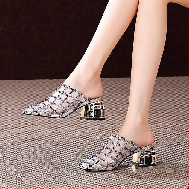 Rhinestone Half Slippers Women's Thick Heel Fashion Outer Wear Mid-heel Mesh Soft Sole