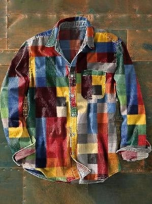 New Retro Vacation Style Color Matching Printing Stylish Men's Long Sleeve Button Top Shirt